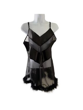 Vintage Rose Passion Sheer Black Marabou Trim Chemise Slip Sz L Sexy Romantic